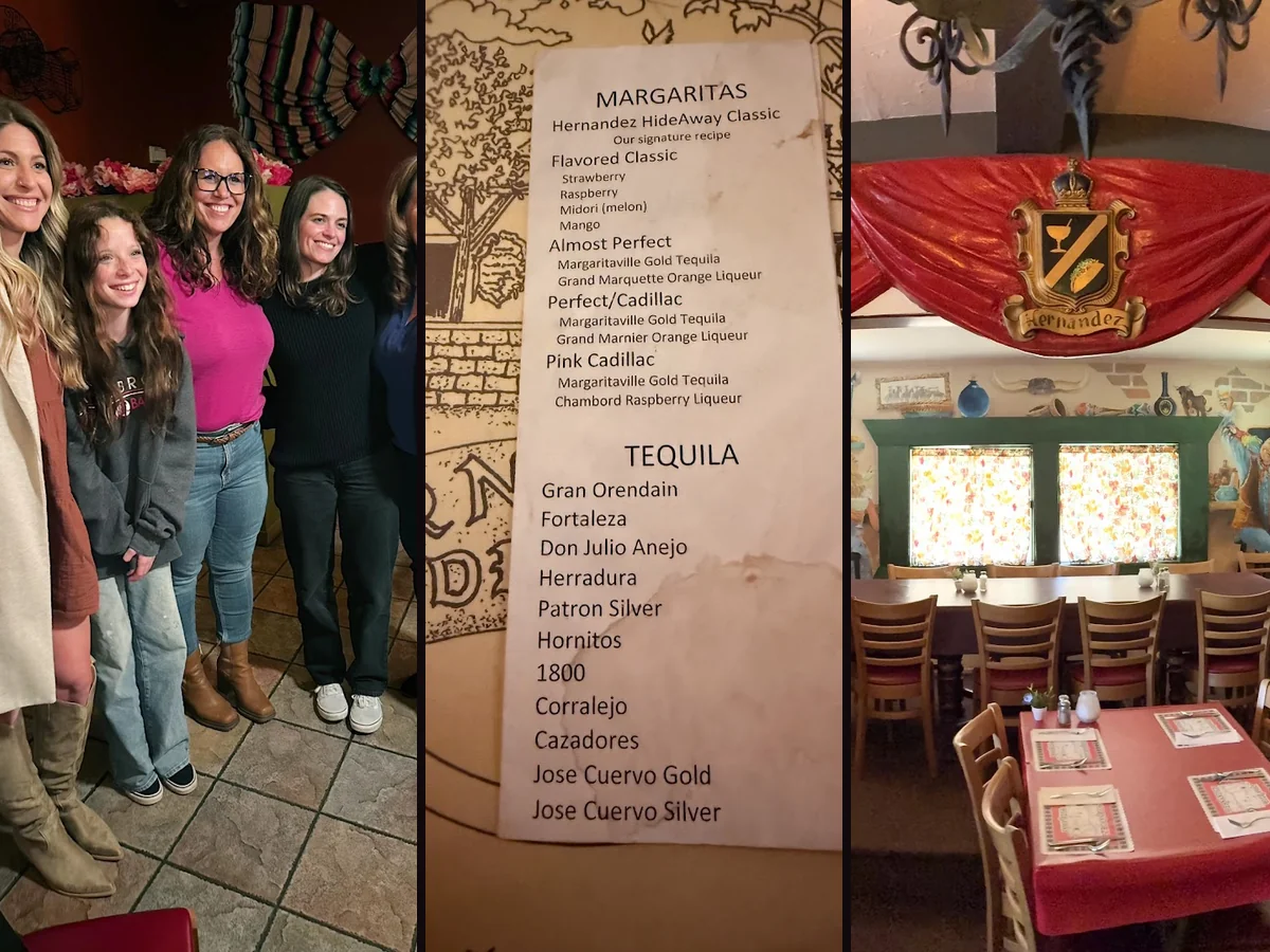 Casual Mexican restaurant dining room with table service.