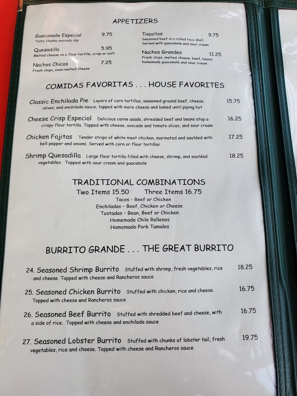 Mexican menu with brunch, lunch, and dinner choices.