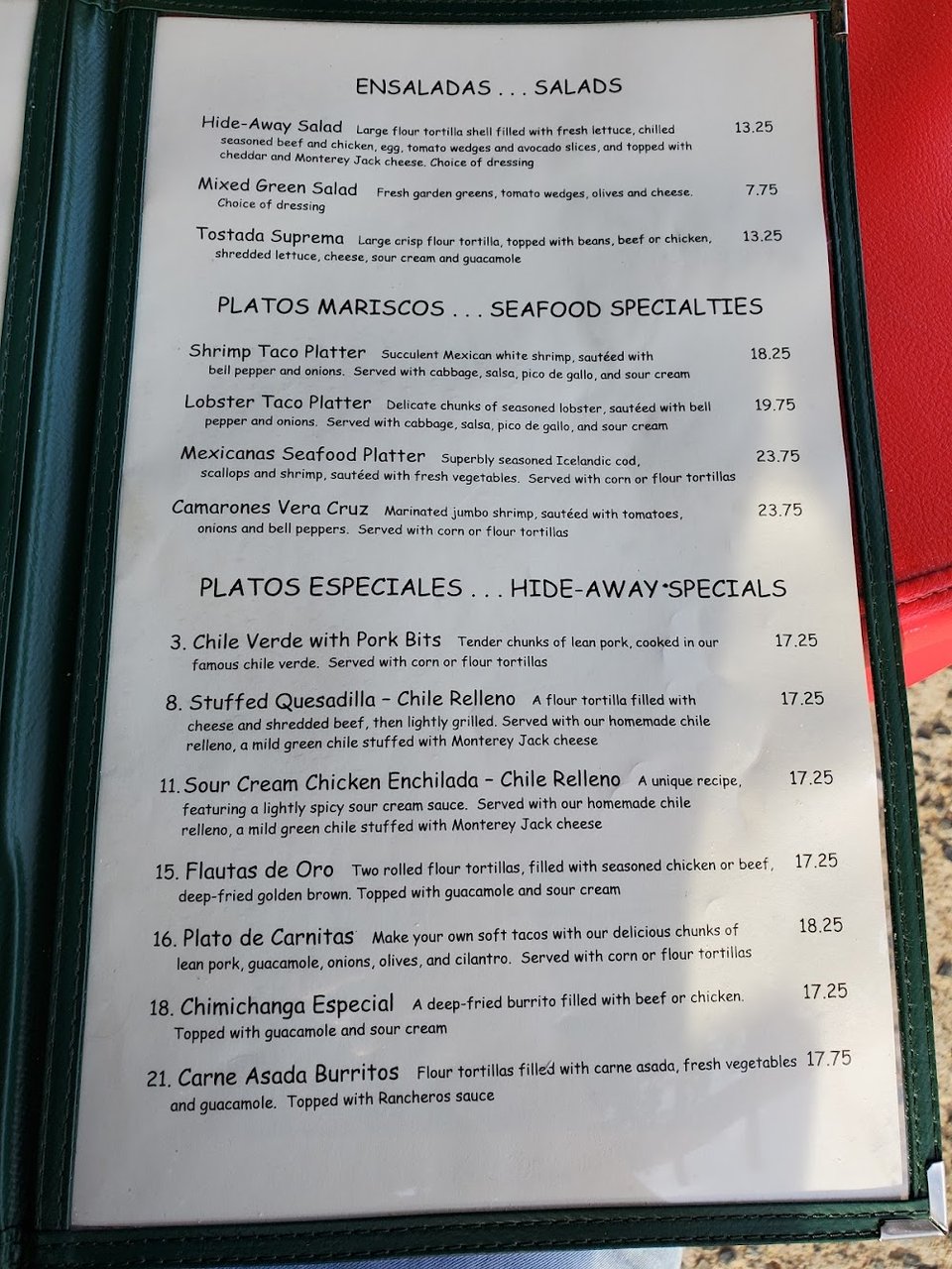 Traditional combinations, salads, and desserts on the menu.