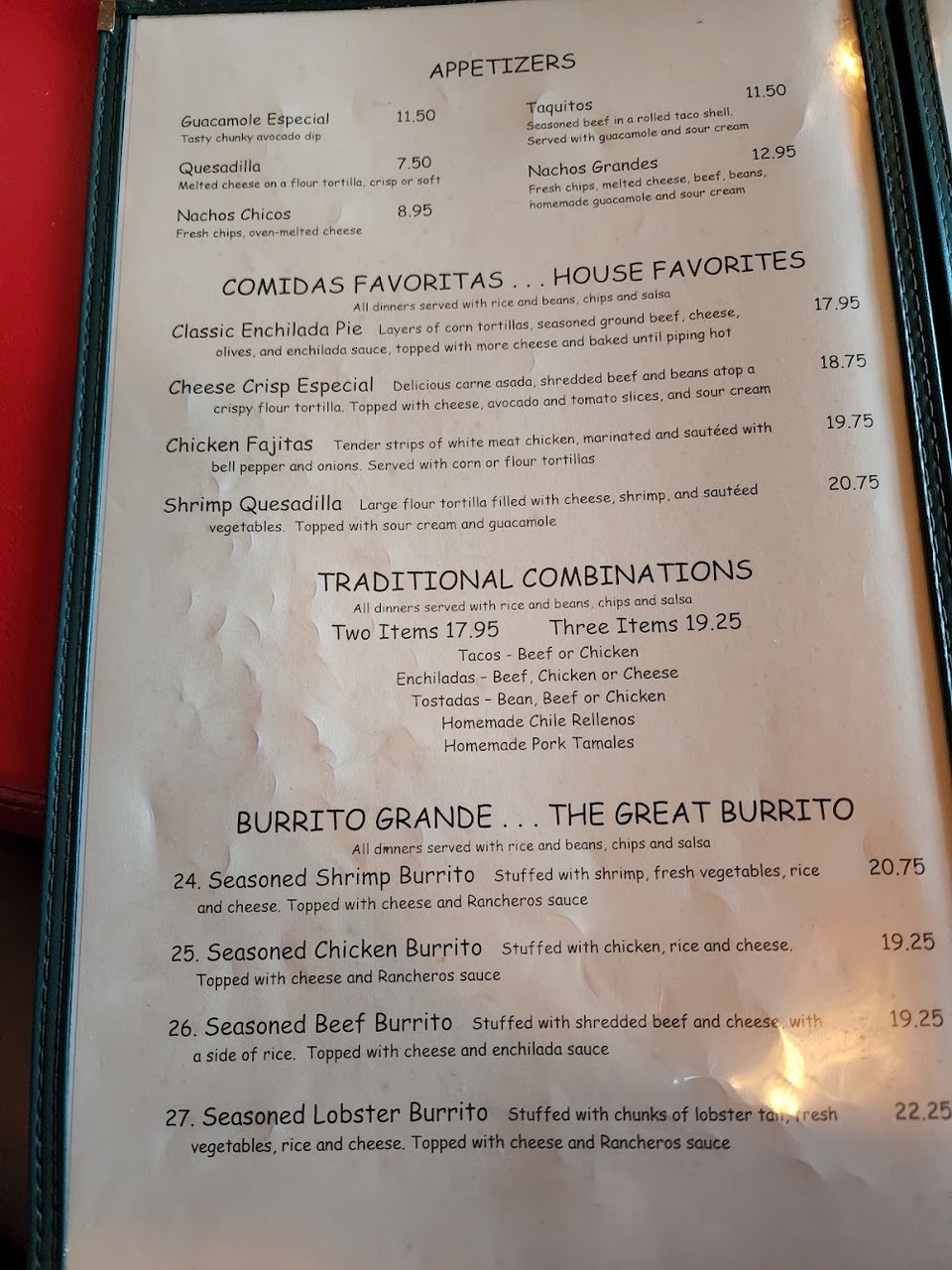 Menu items like enchiladas, tamales, and flan.
